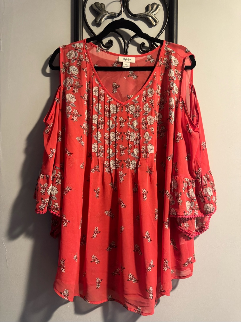 Style & Co. Coral Pink Floral Cold-Shoulder Sheer Top